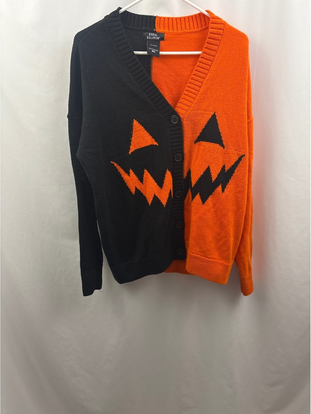 Social Collision Jack o Lantern Cardigan Womens Medium Black Orange Halloween